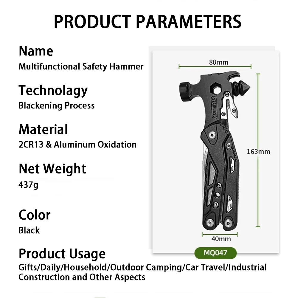 IPRee 16 In 1 Multifunctional Hammer Survival Tool Folding Pocket Pliers With Screwdriver Bottle Opener For Survival Camping Hunting Outdoor — view 3