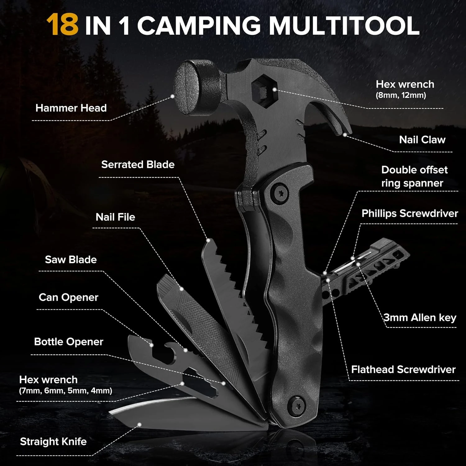 IPRee 18 in 1 Multifunctional Claw Hammer Nail Puller Combination Small Saw Bit Tool Outdoor Survival Camping Hiking Portable Hammer — view 2