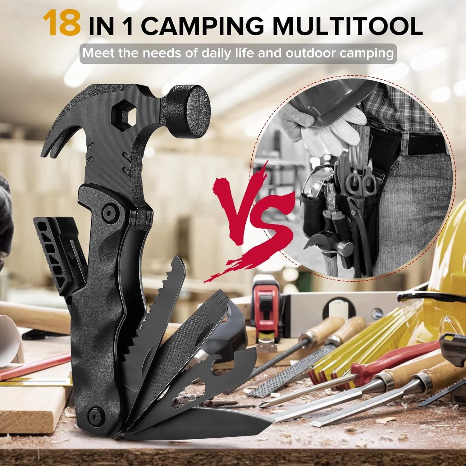 IPRee 18 in 1 Multifunctional Claw Hammer Nail Puller Combination Small Saw Bit Tool Outdoor Survival Camping Hiking Portable Hammer — view 7