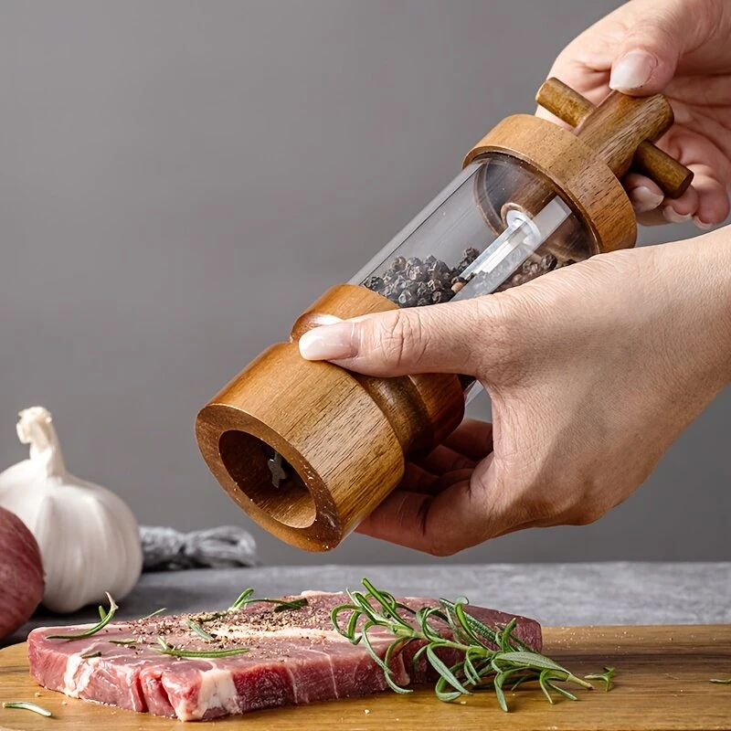 IPRee 1PCS Creative Pepper Grinder Acacia Wood Crafted Transparent Acrylic Fine Grinding Pepper Mill for Home Use Kitchen Lantern Sea Salt Grinding Bottle — image 1