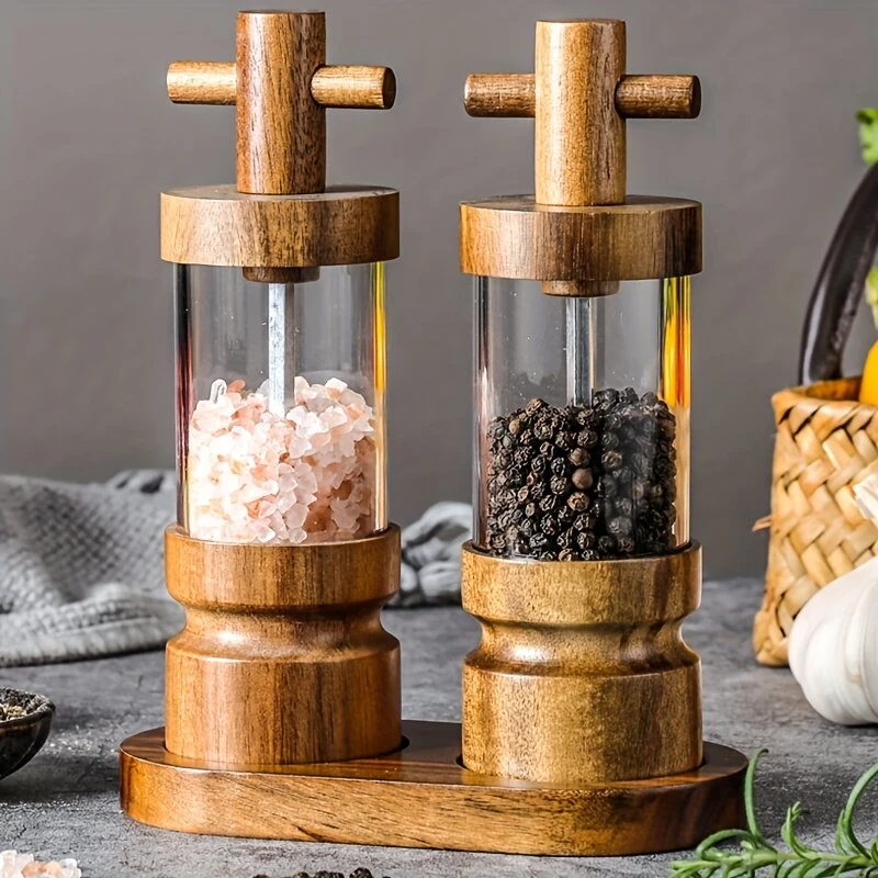 IPRee 1PCS Creative Pepper Grinder Acacia Wood Crafted Transparent Acrylic Fine Grinding Pepper Mill for Home Use Kitchen Lantern Sea Salt Grinding Bottle — view 3