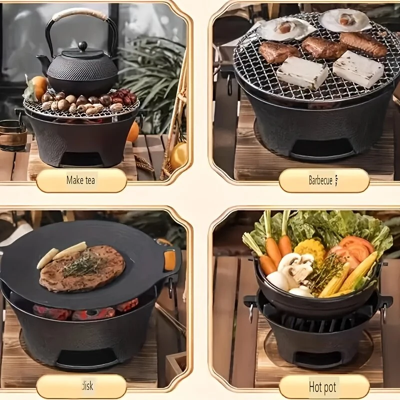 IPRee 1Set 23cm Cast Iron Round Charcoal Stove Outdoor Cooking & Heating for Camping, Picnics, Backyard BBQ, Camping Stove Portable, Picnic Essentials — view 9