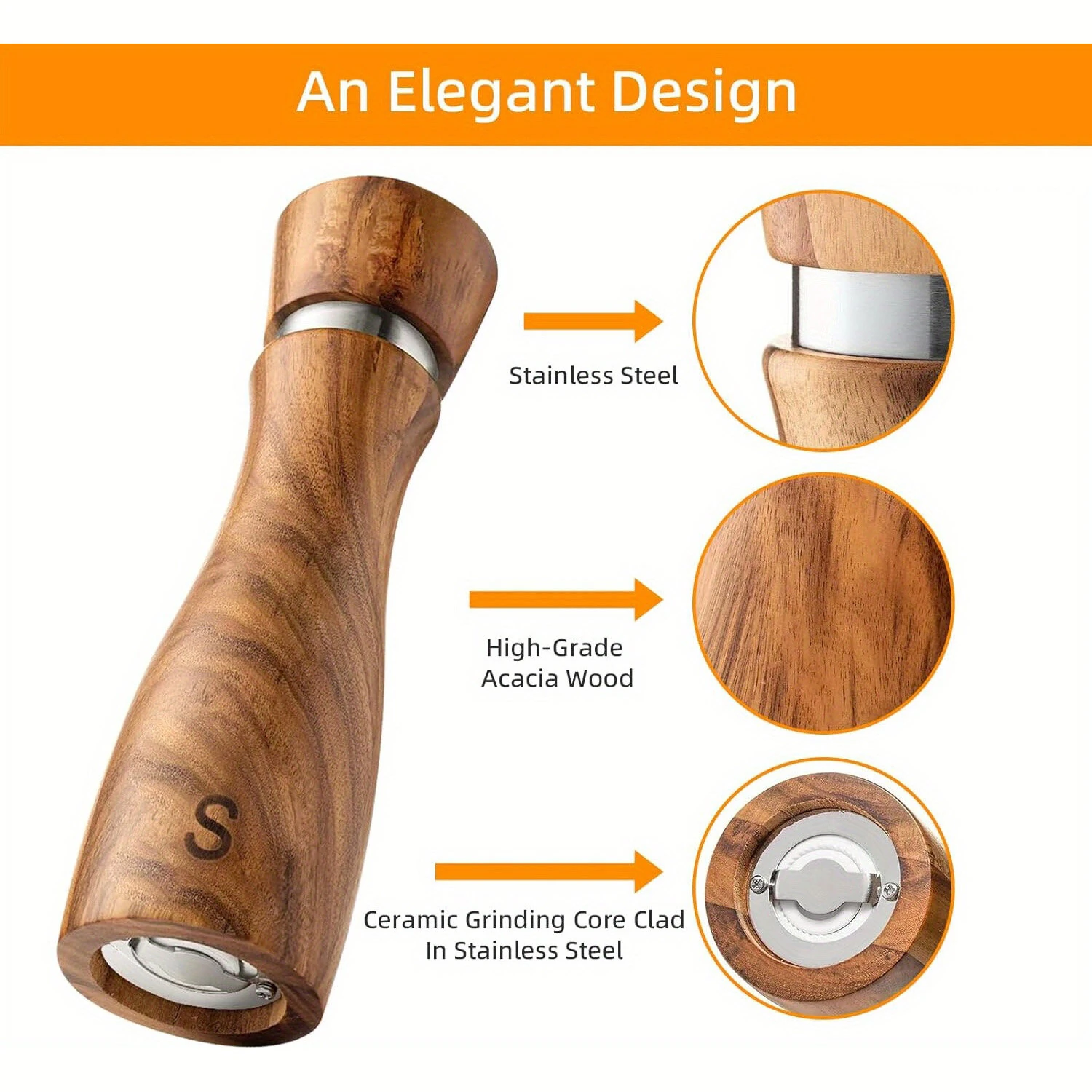 IPRee 2pcs/pack Wooden Salt And Pepper Grinder Set Solid Acacia Wood Crafted Adjustable Coarseness Manual Grinder with Mill Tray & Spoon — view 3