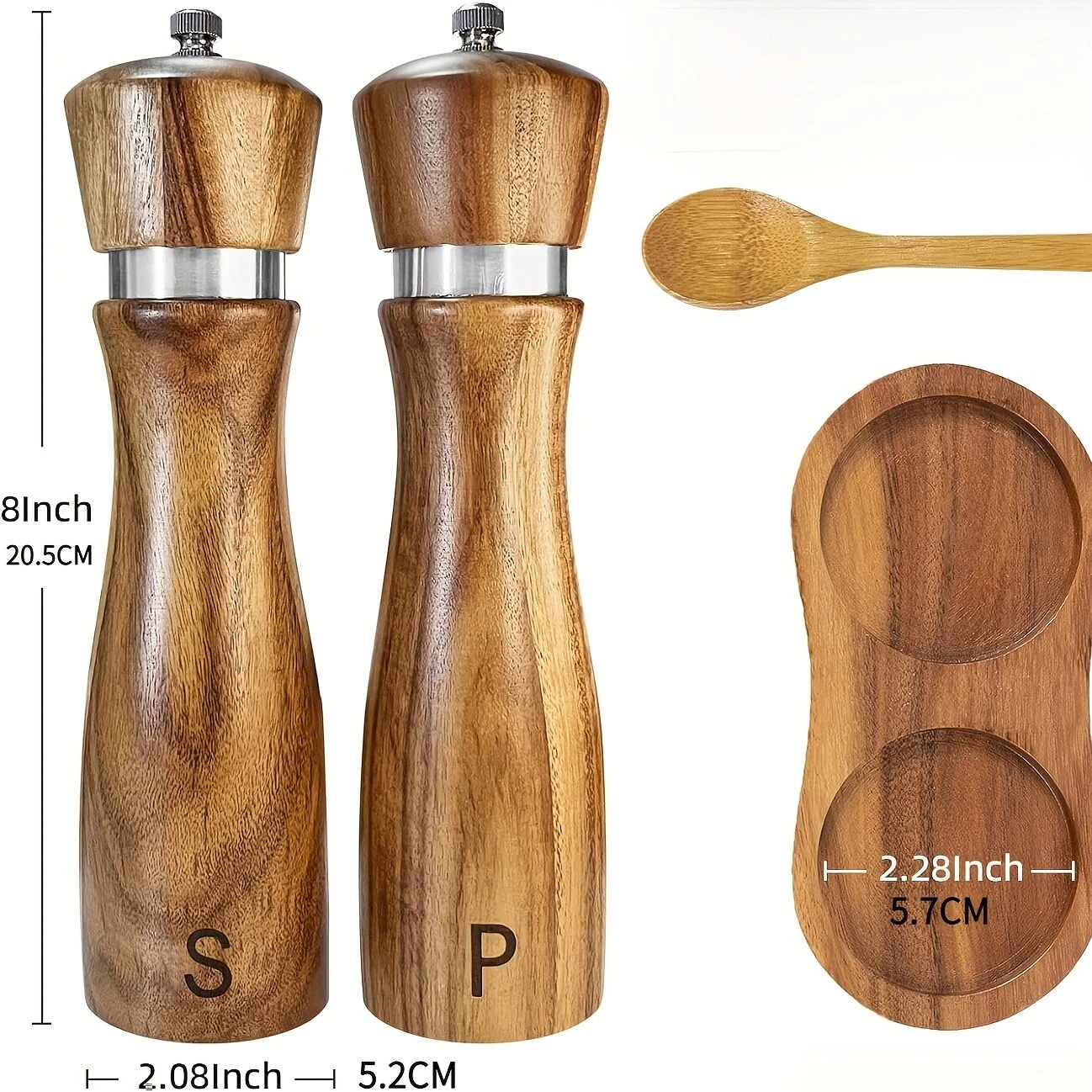IPRee 2pcs/pack Wooden Salt And Pepper Grinder Set Solid Acacia Wood Crafted Adjustable Coarseness Manual Grinder with Mill Tray & Spoon — view 4