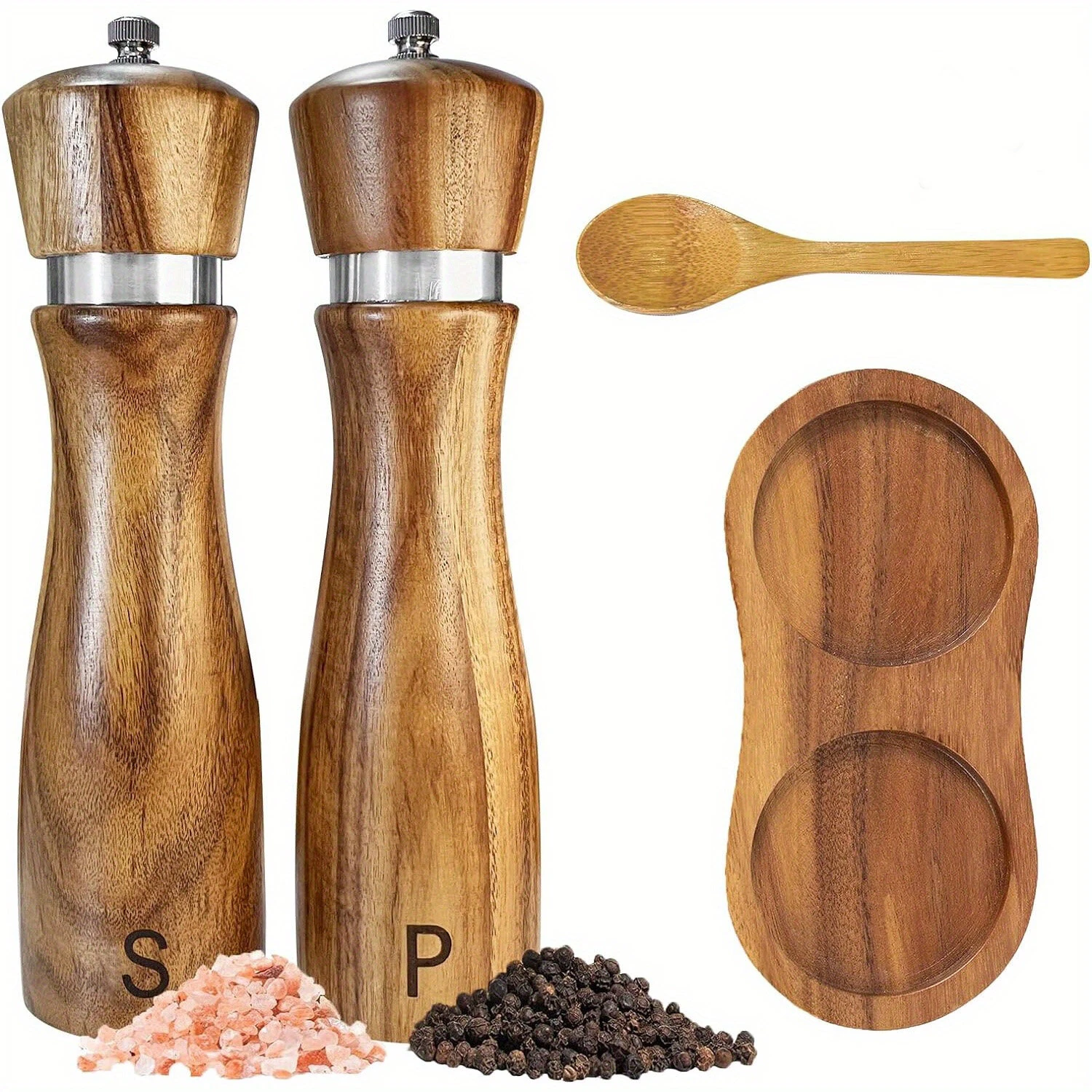 IPRee 2pcs/pack Wooden Salt And Pepper Grinder Set Solid Acacia Wood Crafted Adjustable Coarseness Manual Grinder with Mill Tray & Spoon — view 7
