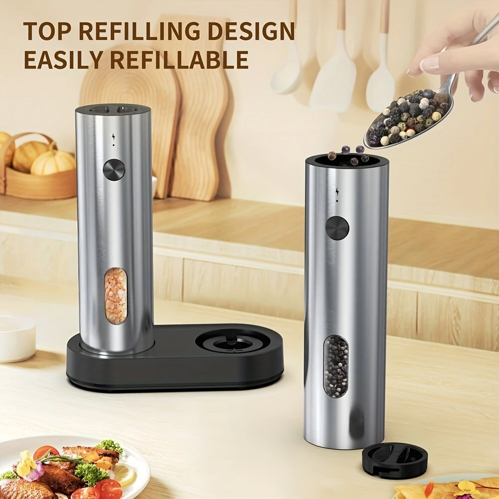 IPRee 2pcs Rechargeable Electric Salt and Pepper Grinder Set USB Automatic LED Adjustable Coarseness Stainless Steel Kitchen Gadgets for Home Cooking — view 2