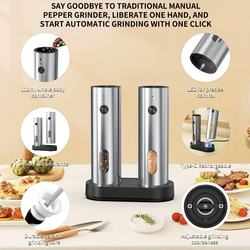 IPRee 2pcs Rechargeable Electric Salt and Pepper Grinder Set USB Automatic LED Adjustable Coarseness Stainless Steel Kitchen Gadgets for Home Cooking — view 3