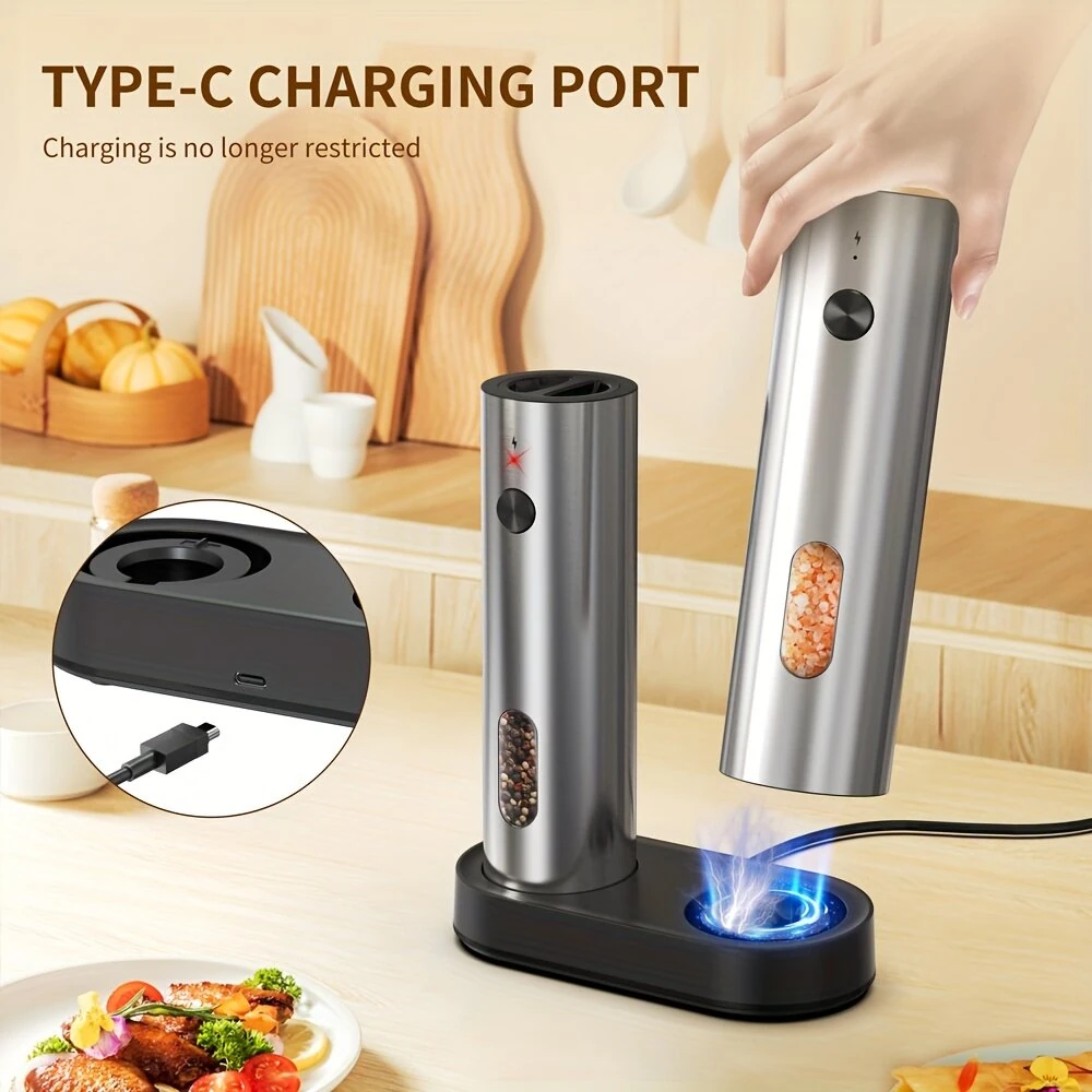 IPRee 2pcs Rechargeable Electric Salt and Pepper Grinder Set USB Automatic LED Adjustable Coarseness Stainless Steel Kitchen Gadgets for Home Cooking — view 5