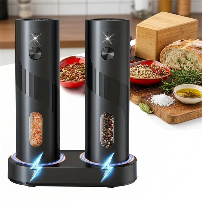 IPRee 2pcs Rechargeable Electric Salt and Pepper Grinder Set USB Automatic LED Adjustable Coarseness Stainless Steel Kitchen Gadgets for Home Cooking — view 7