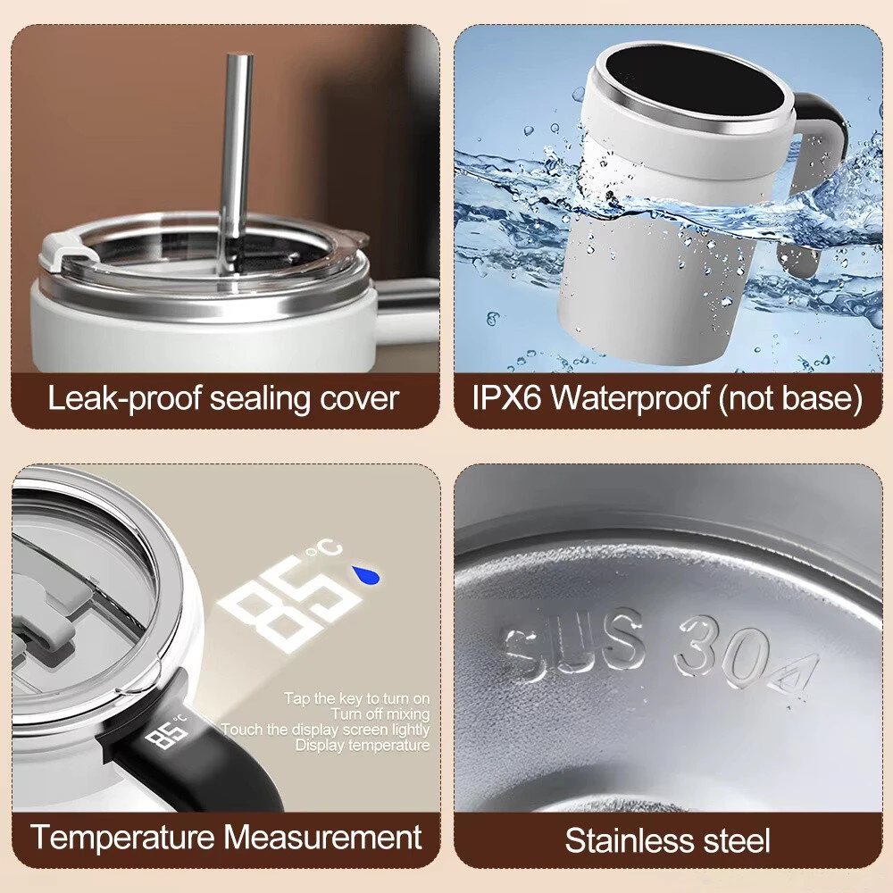 IPRee 380ML Detachable Automatic Magnetic Stirring Mug with Straw & Lid Stainless Steel Waterproof USB Electric Mixing Coffee Mug — view 6