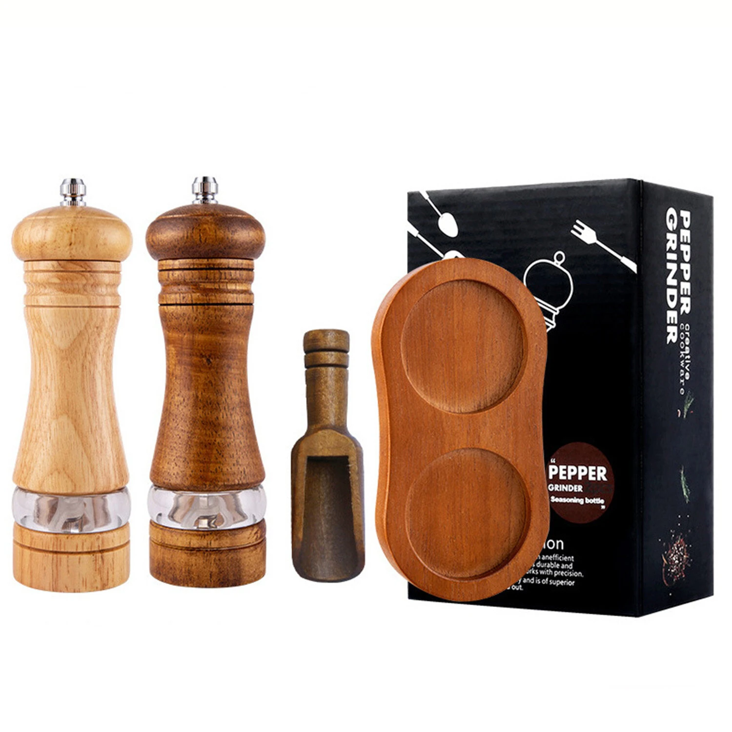 IPRee 6-Inch Manual Pepper Grinder with Acacia Crafted and Ceramic Core Adjustable Coarse to Fine Wooden Salt Spice Mill with Serving Tray and Spoon Refillable Kitchen Grinding Tool — image 1