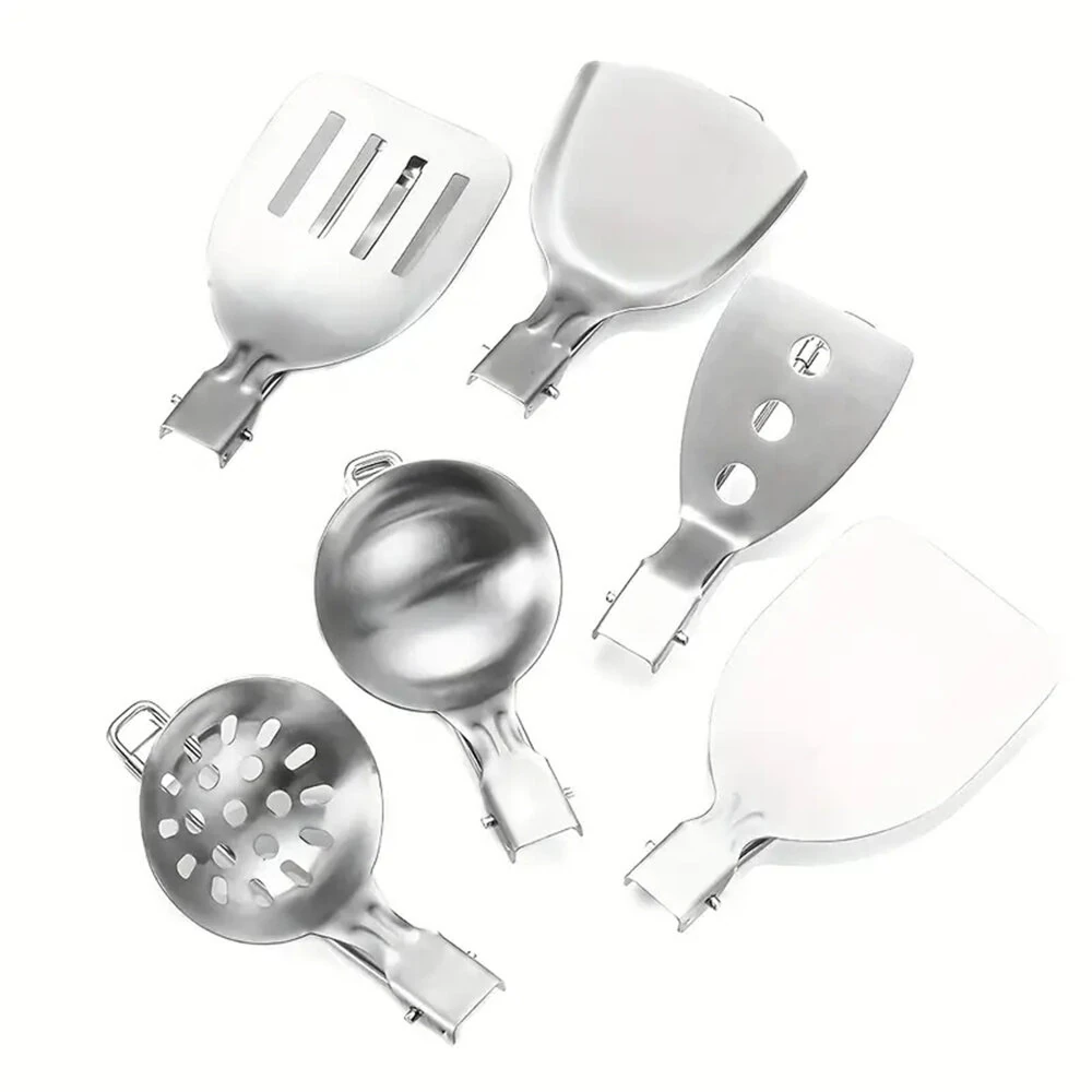 IPRee 6pcs Kitchen Accessories Multi-functional Folding Kitchenware Cookware Stainless Steel Portable Folding Soup Ladle, Perforated Spoon, Scraper, Spatula and Storage Bag — view 2