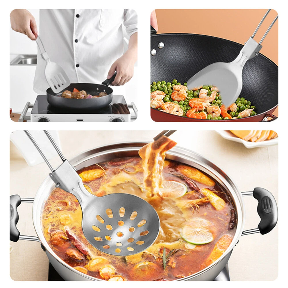 IPRee 6pcs Kitchen Accessories Multi-functional Folding Kitchenware Cookware Stainless Steel Portable Folding Soup Ladle, Perforated Spoon, Scraper, Spatula and Storage Bag — view 4