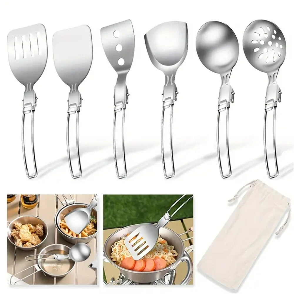 IPRee 6pcs Kitchen Accessories Multi-functional Folding Kitchenware Cookware Stainless Steel Portable Folding Soup Ladle, Perforated Spoon, Scraper, Spatula and Storage Bag — view 9