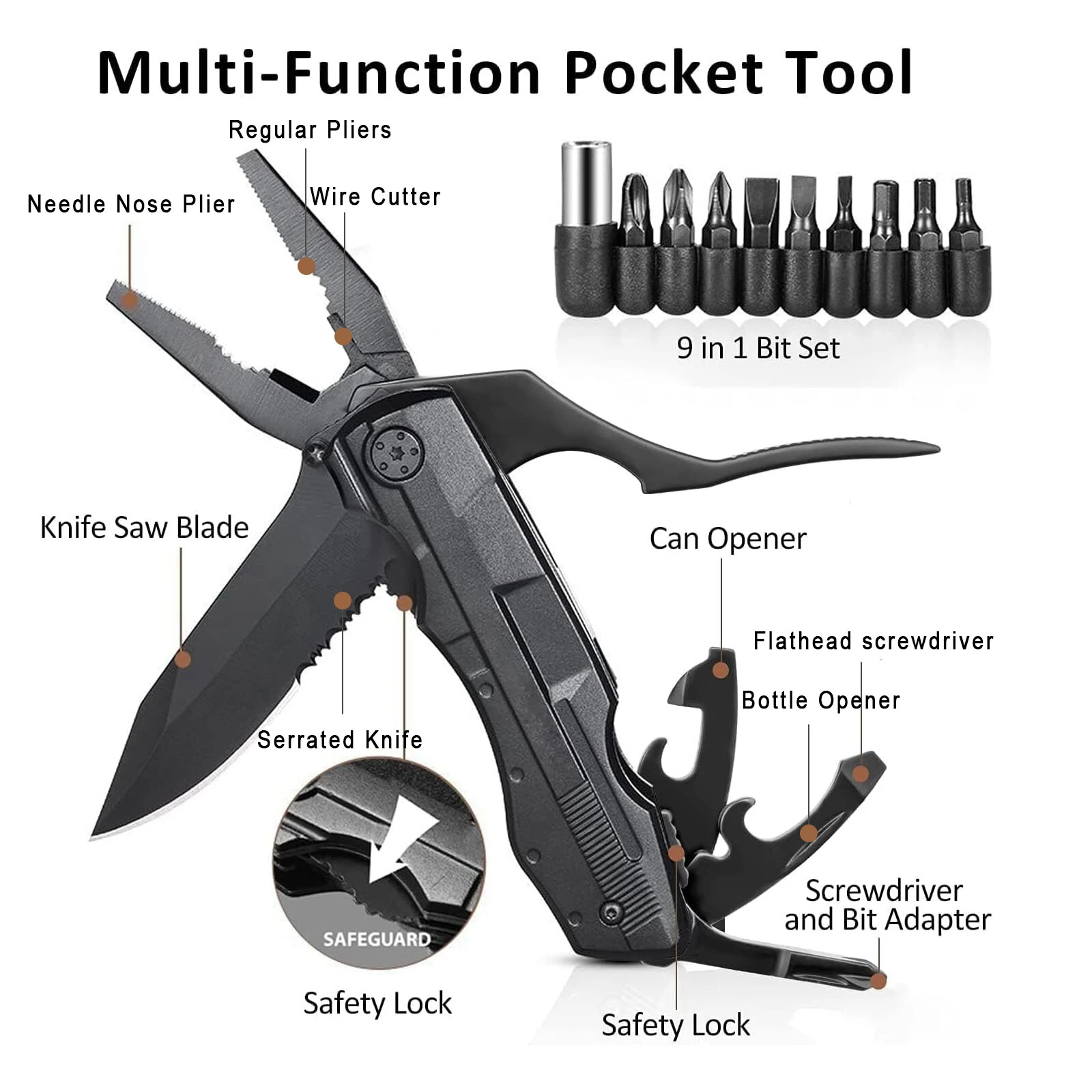 IPRee 9 in 1 Multi-functional Pliers EDC Screws Multi-head Combination Outdoor Portable Home Maintenance Folding Pliers Screwdriver Hand Tool Car Emergency Tool — view 4