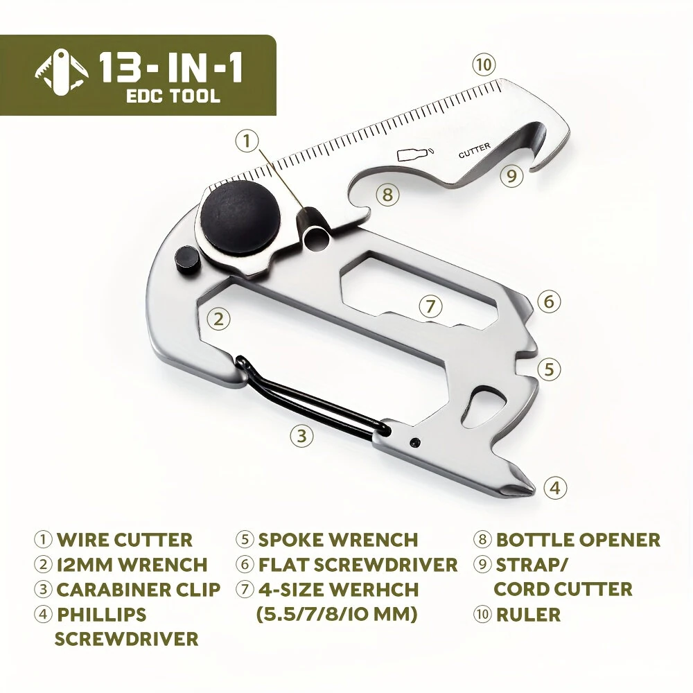 IPRee 9in1 13in1 Mini Multifunction Wrench & Bottle Opener Compact Card Tool Stainless Steel Climbing Carabiner EDC Keychain Gear Rope Cutter Camping Hiking Outdoor Tools — view 2