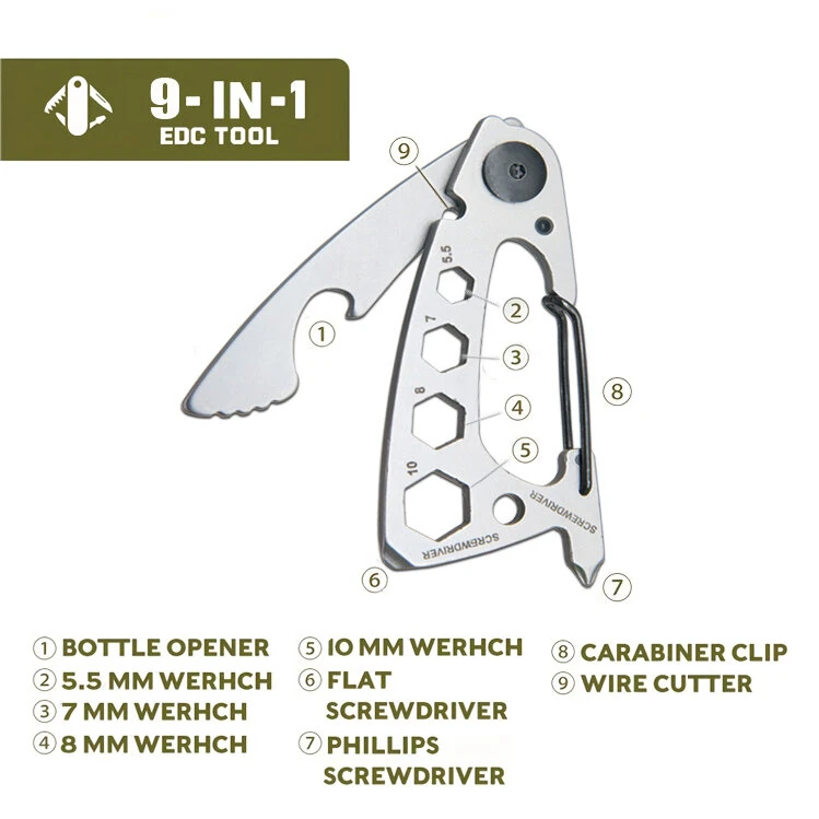 IPRee 9in1 13in1 Mini Multifunction Wrench & Bottle Opener Compact Card Tool Stainless Steel Climbing Carabiner EDC Keychain Gear Rope Cutter Camping Hiking Outdoor Tools — view 3