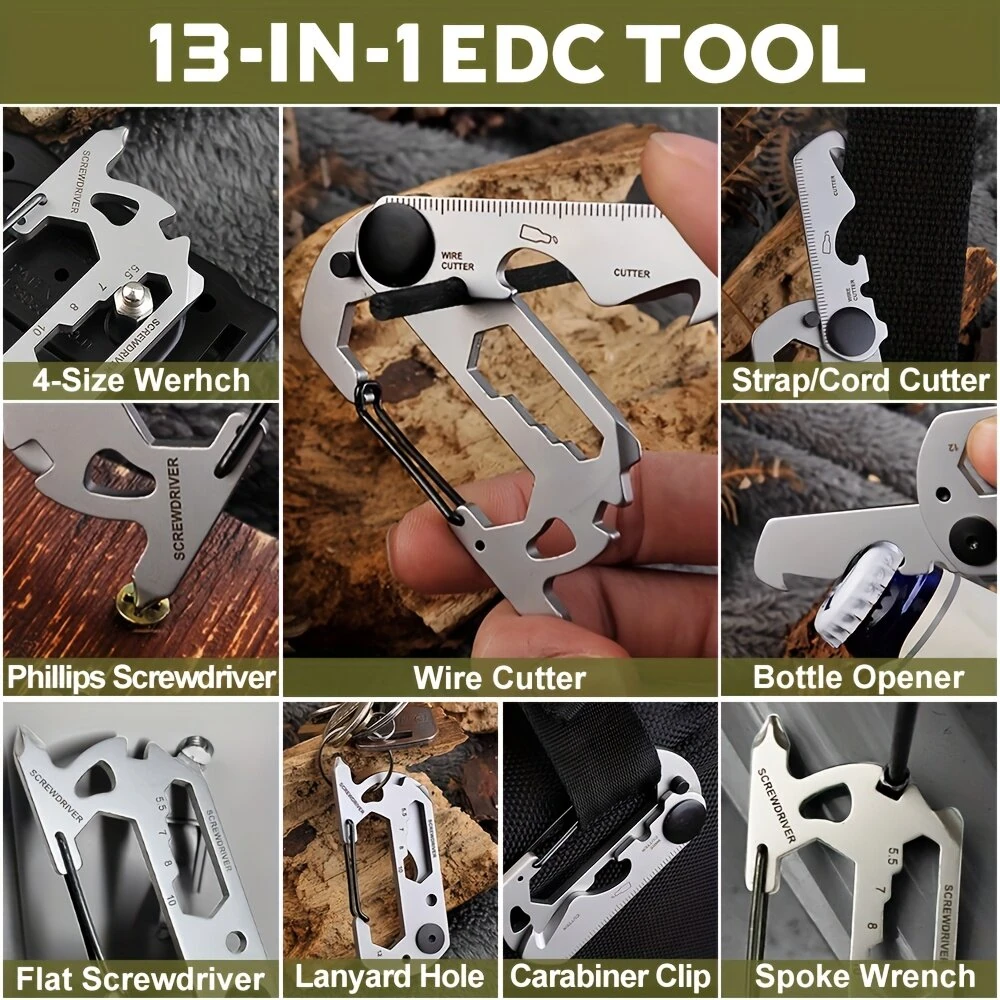 IPRee 9in1 13in1 Mini Multifunction Wrench & Bottle Opener Compact Card Tool Stainless Steel Climbing Carabiner EDC Keychain Gear Rope Cutter Camping Hiking Outdoor Tools — view 4
