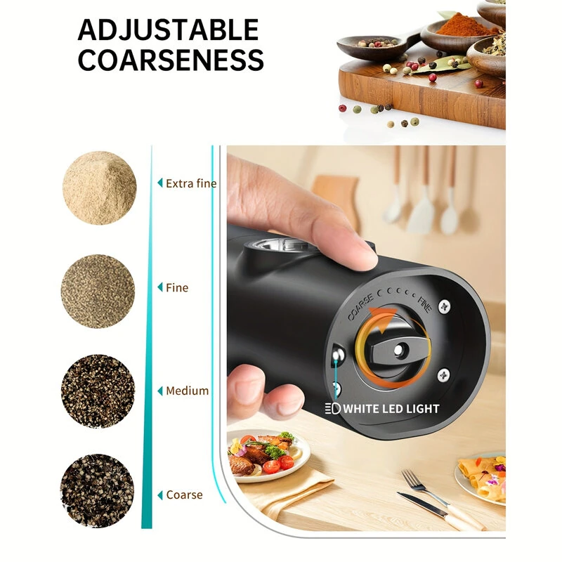 IPRee Automatic Electric Salt and Pepper Grinder Set Battery Powered with Ceramic Grinder Core Adjustable Coarseness LED Light Dual Chamber Kitchen Gadgets Spice Mill — view 5