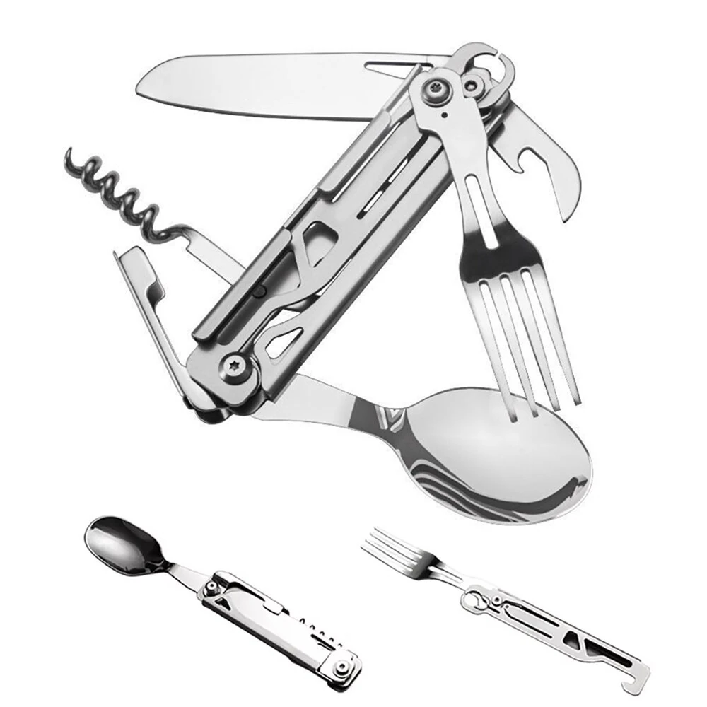 IPRee Outdoor Stainless Steel Multifunctional Camping Folding Knife Fork and Spoon Camping Equipment Panier Osier Camping Equipment — image 1