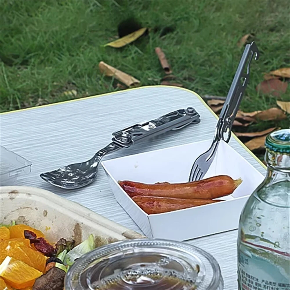 IPRee Outdoor Stainless Steel Multifunctional Camping Folding Knife Fork and Spoon Camping Equipment Panier Osier Camping Equipment — view 4