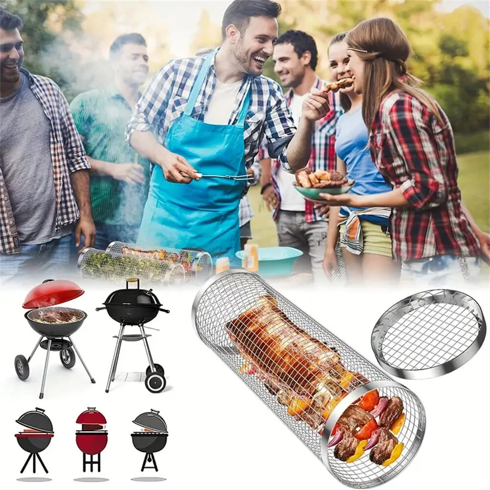 IPRee Round BBQ Basket Stainless Steel Rolling Grilling Basket Wire Mesh Cylinder Grill Basket Portable Outdoor Camping Barbecue Rack — view 2