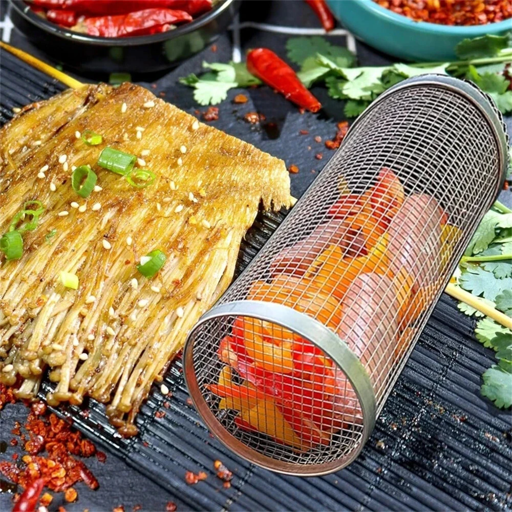 IPRee Round BBQ Basket Stainless Steel Rolling Grilling Basket Wire Mesh Cylinder Grill Basket Portable Outdoor Camping Barbecue Rack — view 3
