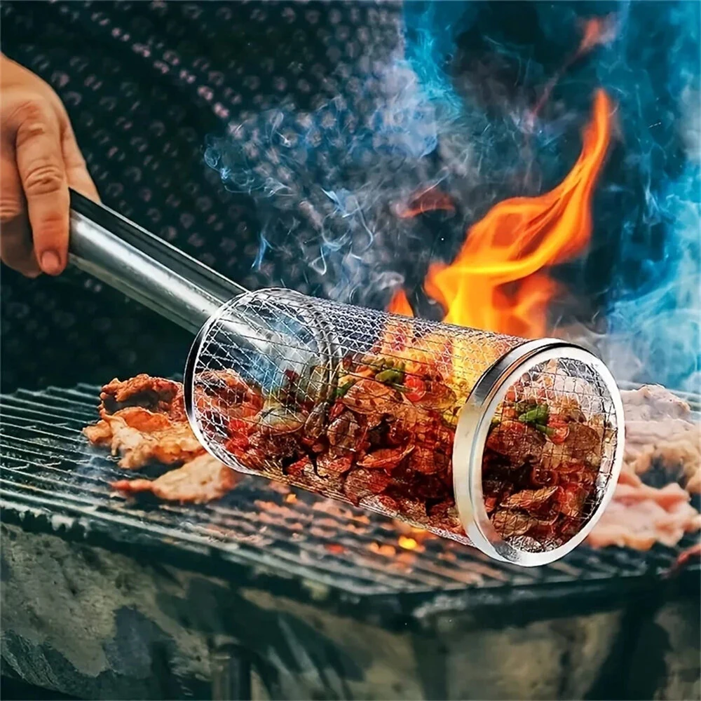IPRee Round BBQ Basket Stainless Steel Rolling Grilling Basket Wire Mesh Cylinder Grill Basket Portable Outdoor Camping Barbecue Rack — view 4