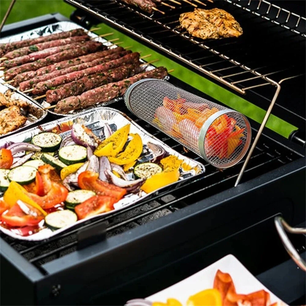 IPRee Round BBQ Basket Stainless Steel Rolling Grilling Basket Wire Mesh Cylinder Grill Basket Portable Outdoor Camping Barbecue Rack — view 5