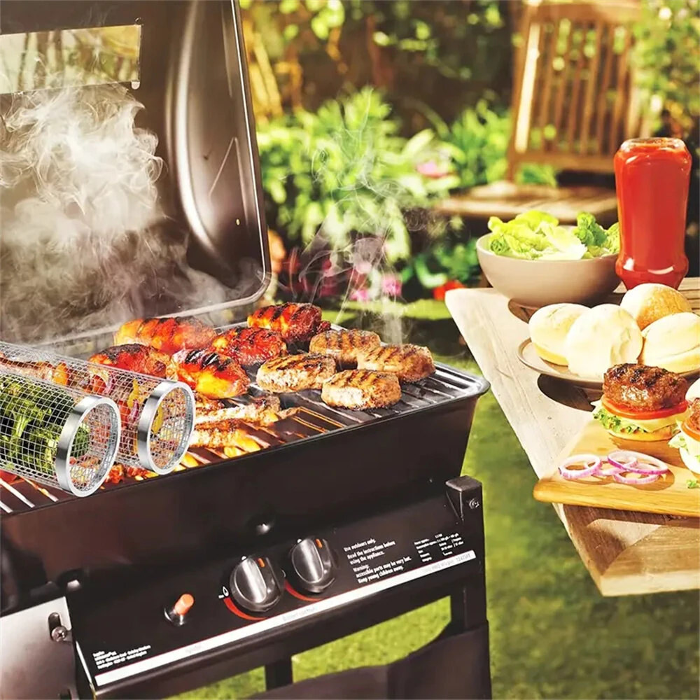 IPRee Round BBQ Basket Stainless Steel Rolling Grilling Basket Wire Mesh Cylinder Grill Basket Portable Outdoor Camping Barbecue Rack — view 6