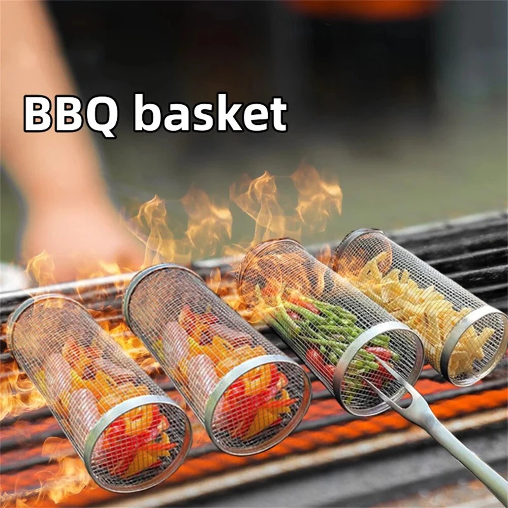 IPRee Round BBQ Basket Stainless Steel Rolling Grilling Basket Wire Mesh Cylinder Grill Basket Portable Outdoor Camping Barbecue Rack — view 7