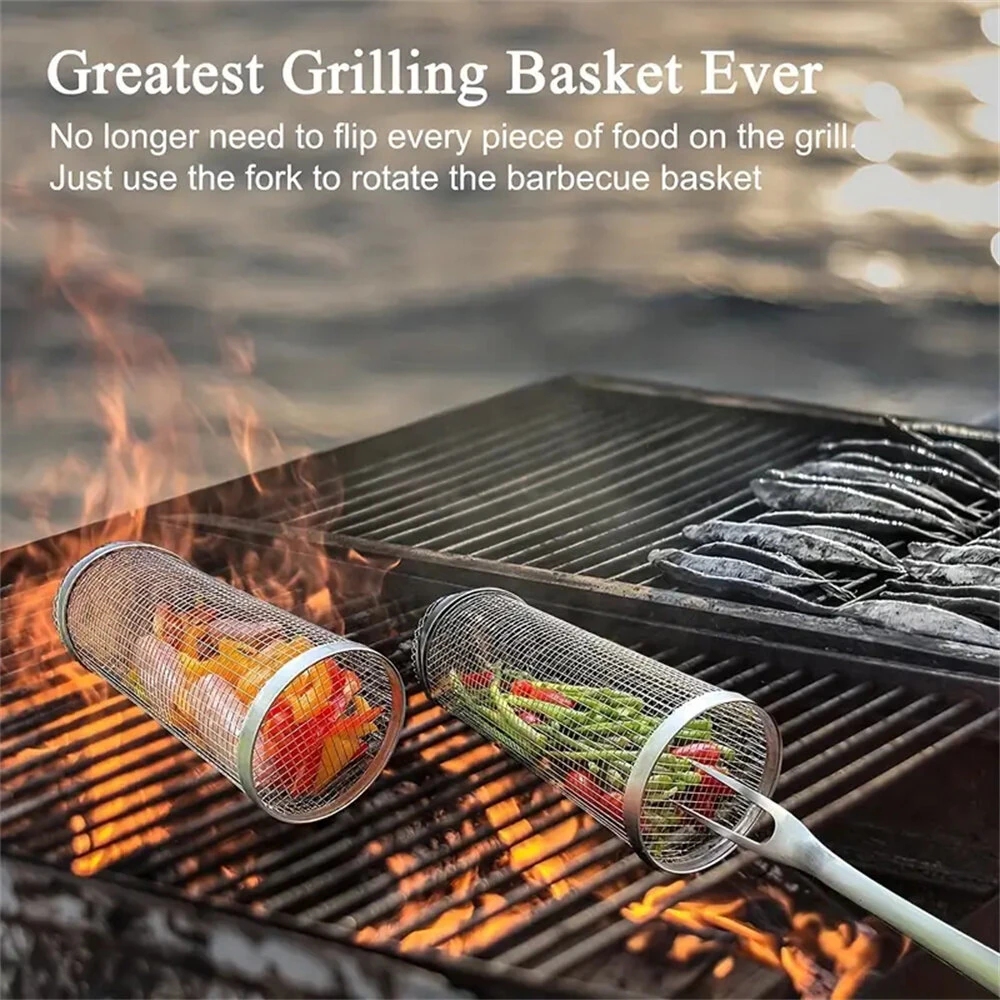 IPRee Round BBQ Basket Stainless Steel Rolling Grilling Basket Wire Mesh Cylinder Grill Basket Portable Outdoor Camping Barbecue Rack — view 8