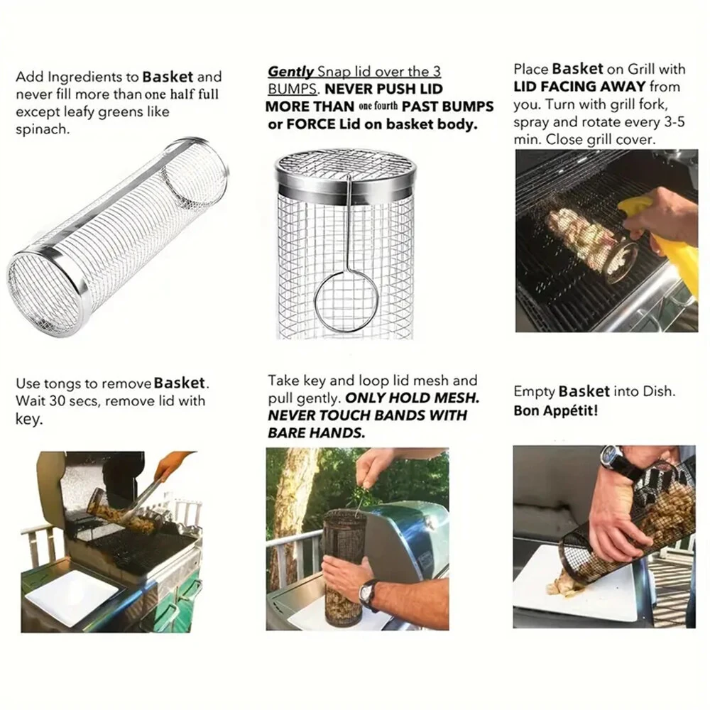 IPRee Round BBQ Basket Stainless Steel Rolling Grilling Basket Wire Mesh Cylinder Grill Basket Portable Outdoor Camping Barbecue Rack — view 9