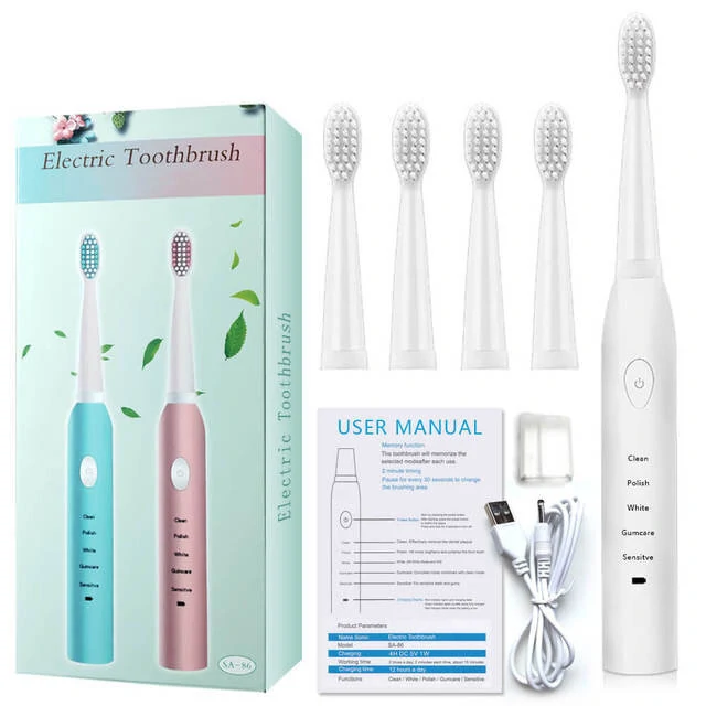 IPX7 Ultrasonic Electric Toothbrush 5 Modes USB Rechargeable Sonic Automatic Teeth Cleaner with 4 Brush Heads — IPX7
