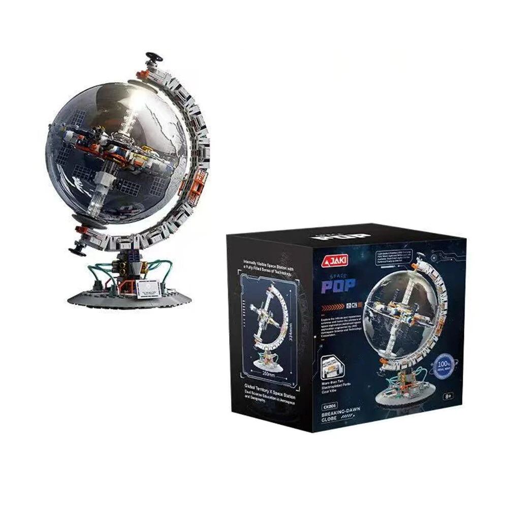 JAKI 360° Rotating Transparent Globe World Map Creative Tech Cool Warm Lighting Building Blocks Brick Assembly Kit For Kids Educational Toys Gifts — image 1