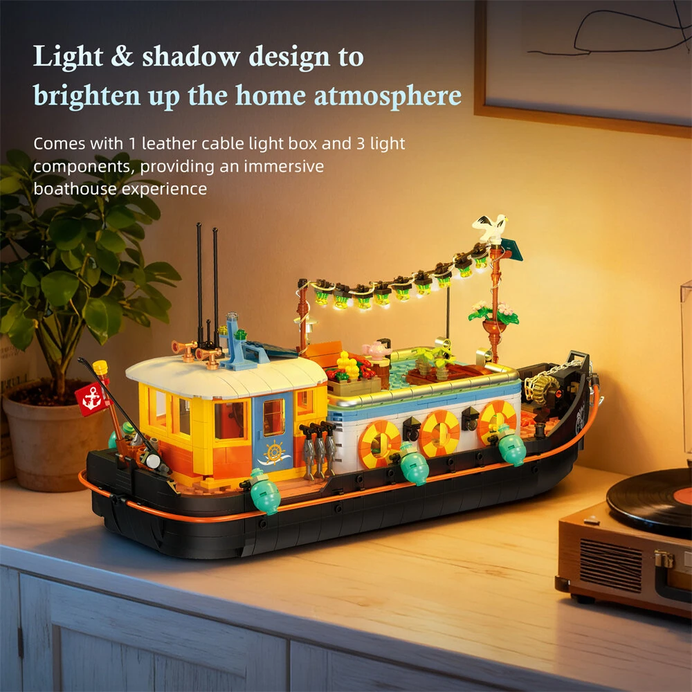 JIESTAR JJ9202 Canal Narrowboat Houseboat Creative MOC Building Blocks with LED Lights 1306pcs for Adults Children Birthday Holiday Gifts — view 2
