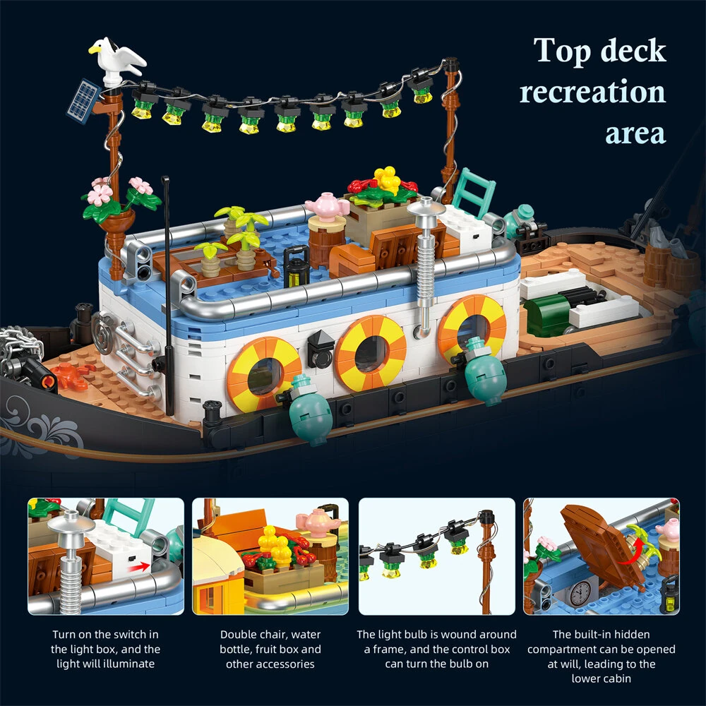 JIESTAR JJ9202 Canal Narrowboat Houseboat Creative MOC Building Blocks with LED Lights 1306pcs for Adults Children Birthday Holiday Gifts — view 4