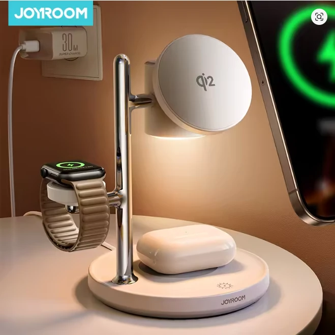Joyroom JR-W23 Qi2 15W 4-in-1 Magnetic Wireless Charger Stand with Touch Control Night-Lamp Fast Wireless Charging Bracket for Smart Phones for iPhone 17 17 Pro 16 15 14 Pro Max 13 12 for Xiaomi 17pro for Oppo Find X9 for Airpods for Apple Watch — view 2