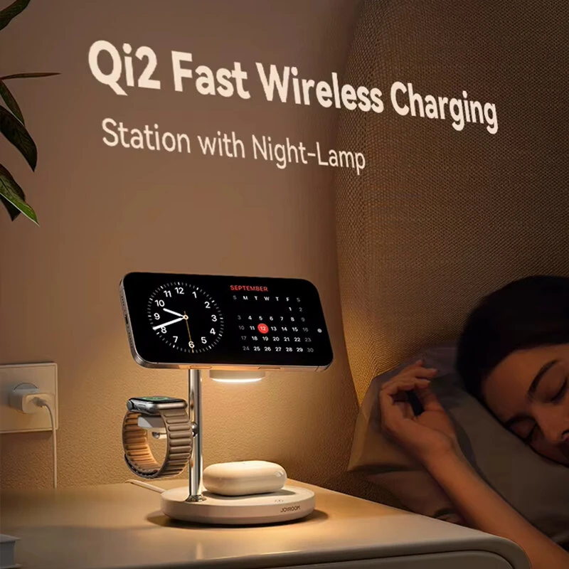 Joyroom JR-W23 Qi2 15W 4-in-1 Magnetic Wireless Charger Stand with Touch Control Night-Lamp Fast Wireless Charging Bracket for Smart Phones for iPhone 17 17 Pro 16 15 14 Pro Max 13 12 for Xiaomi 17pro for Oppo Find X9 for Airpods for Apple Watch — view 3