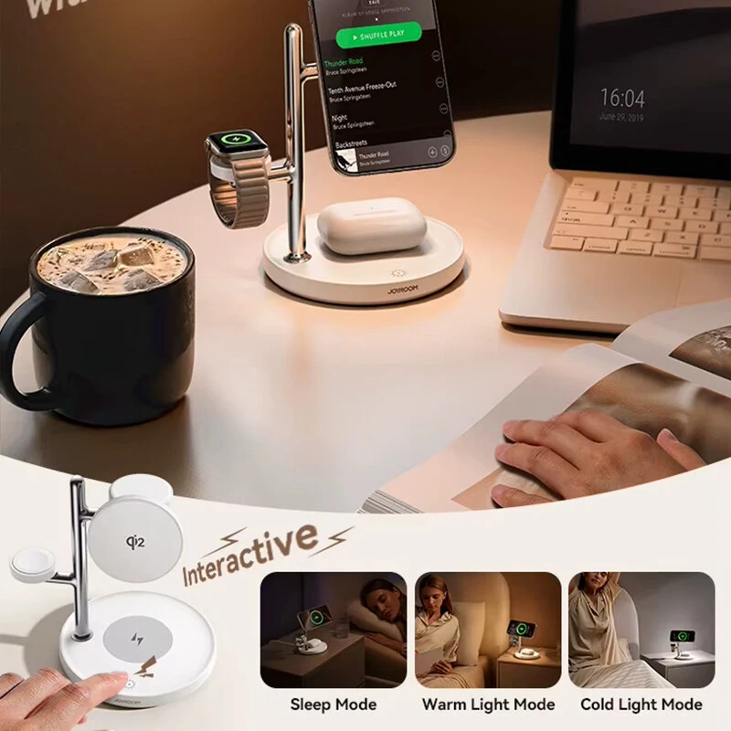 Joyroom JR-W23 Qi2 15W 4-in-1 Magnetic Wireless Charger Stand with Touch Control Night-Lamp Fast Wireless Charging Bracket for Smart Phones for iPhone 17 17 Pro 16 15 14 Pro Max 13 12 for Xiaomi 17pro for Oppo Find X9 for Airpods for Apple Watch — view 5