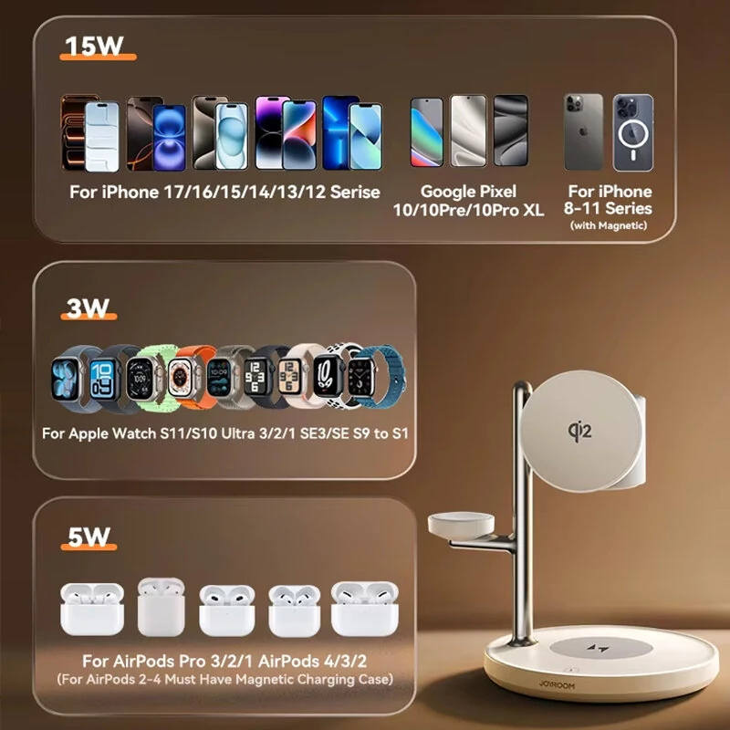 Joyroom JR-W23 Qi2 15W 4-in-1 Magnetic Wireless Charger Stand with Touch Control Night-Lamp Fast Wireless Charging Bracket for Smart Phones for iPhone 17 17 Pro 16 15 14 Pro Max 13 12 for Xiaomi 17pro for Oppo Find X9 for Airpods for Apple Watch — view 6