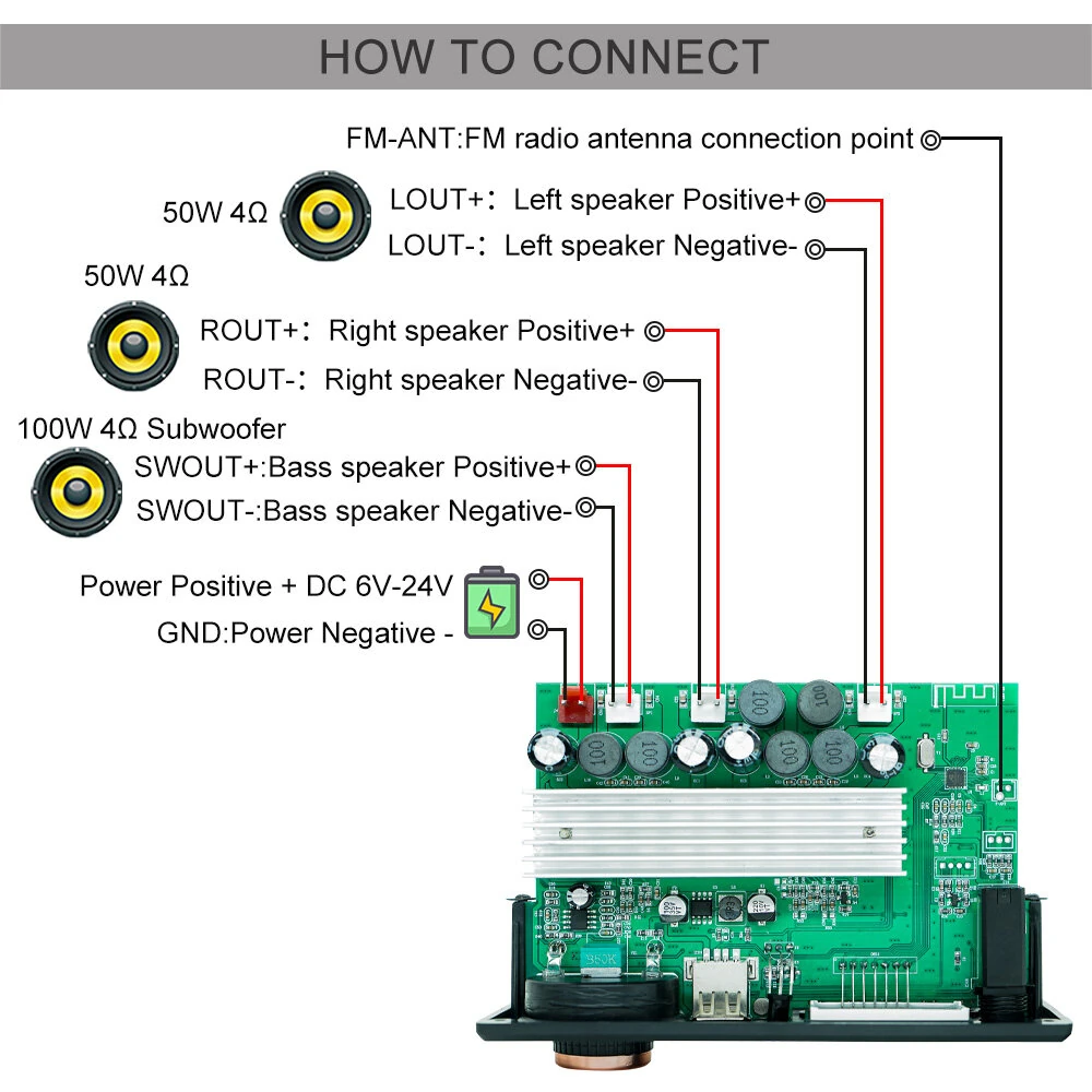 JQ-D187BT TPA3116 50W+50W+100W Audio Amplifier Board 2.1 Channel Bluetooth Decoder DC 6V-24V HiFi MP3 Player Module USB FM AUX — view 10