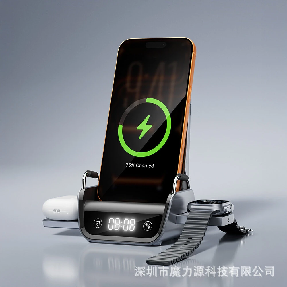 K11 15W 4-in-1 Desktop Wireless Charger with Phone Bracket & Timing Display Function Fast Wireless Charging Stand for Smart Phones for 17 17Pro 16 Pro Max 15 14 for Xiaomi 17pro for Huawei Mate XTs for OPPO for VIVO for Apple Watch for Airpods — view 2