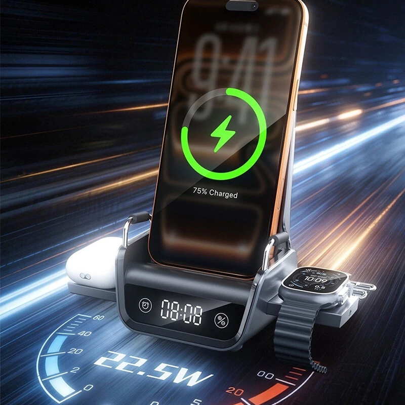K11 15W 4-in-1 Desktop Wireless Charger with Phone Bracket & Timing Display Function Fast Wireless Charging Stand for Smart Phones for 17 17Pro 16 Pro Max 15 14 for Xiaomi 17pro for Huawei Mate XTs for OPPO for VIVO for Apple Watch for Airpods — view 3