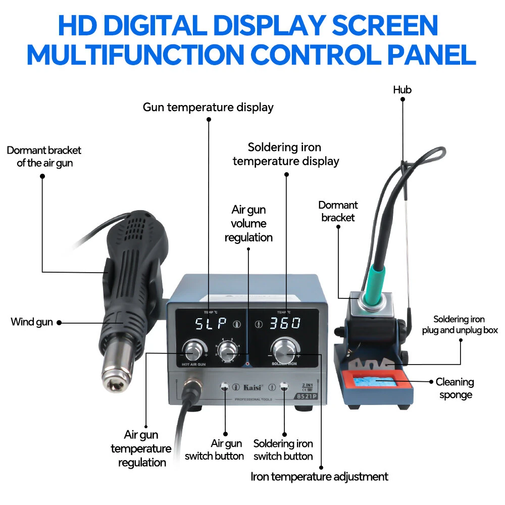 Kaisi 8521P 2 in 1 Soldering Rework Station 800W Hot Air Gun and Soldering Iron Kit with Digital LED Display for Electronics Repair — view 10