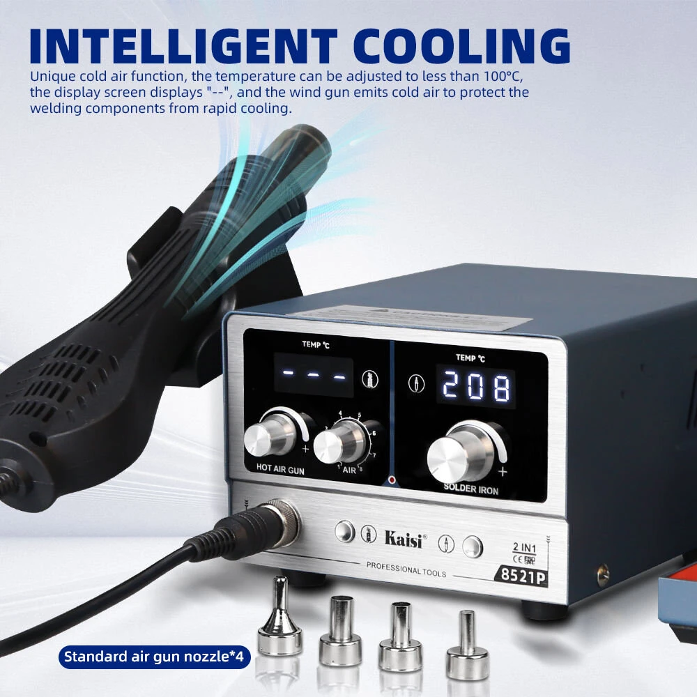 Kaisi 8521P 2 in 1 Soldering Rework Station 800W Hot Air Gun and Soldering Iron Kit with Digital LED Display for Electronics Repair — view 5