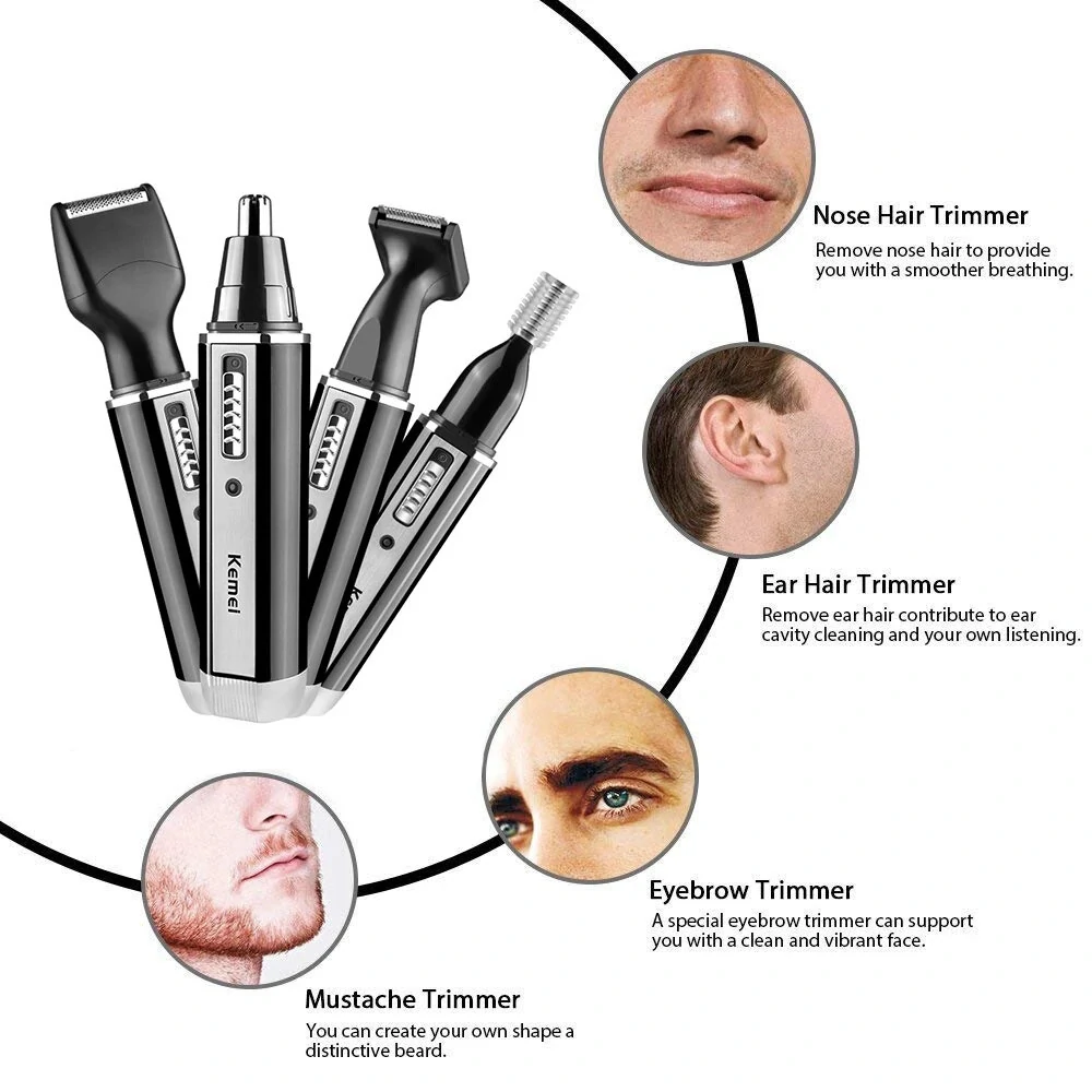 Kemei 4-in-1 Nose Ear Hair Trimmer with High-Quality Stainless Steel Blades Washable and Replaceable Trimming Head Compact Portable Design 60 minutes Working Time with Charging Indicator — view 5