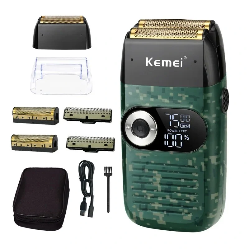 Kemei Model KM-2026/KM-2027 Electric Shaver Rechargeable Beard and Hair Trimmer with Two Floating Razor Heads 120 Minutes Usage Time Simple Cleaning and Maintenance Black or Green — view 2
