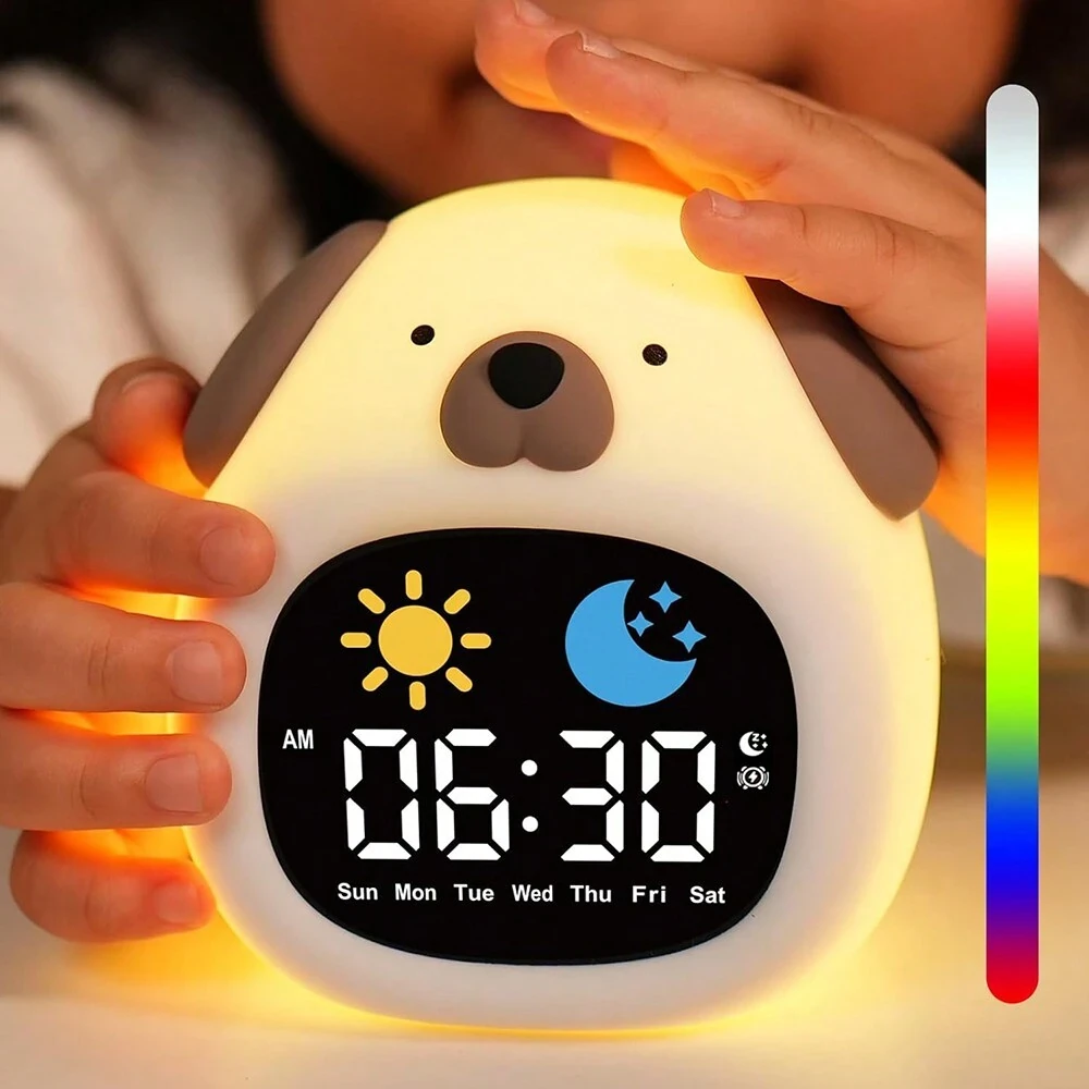 Kids Alarm Clock Sleep Trainer Clock Kids Room Cute Toddler Puppy Shape Night Light Clock Touch Night Light with 6 Types of White Noise 8 Color Night Light — Kids