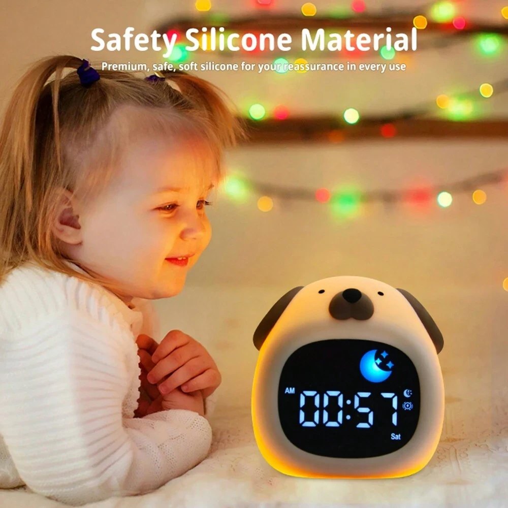 Kids Alarm Clock Sleep Trainer Clock Kids Room Cute Toddler Puppy Shape Night Light Clock Touch Night Light with 6 Types of White Noise 8 Color Night Light — view 10